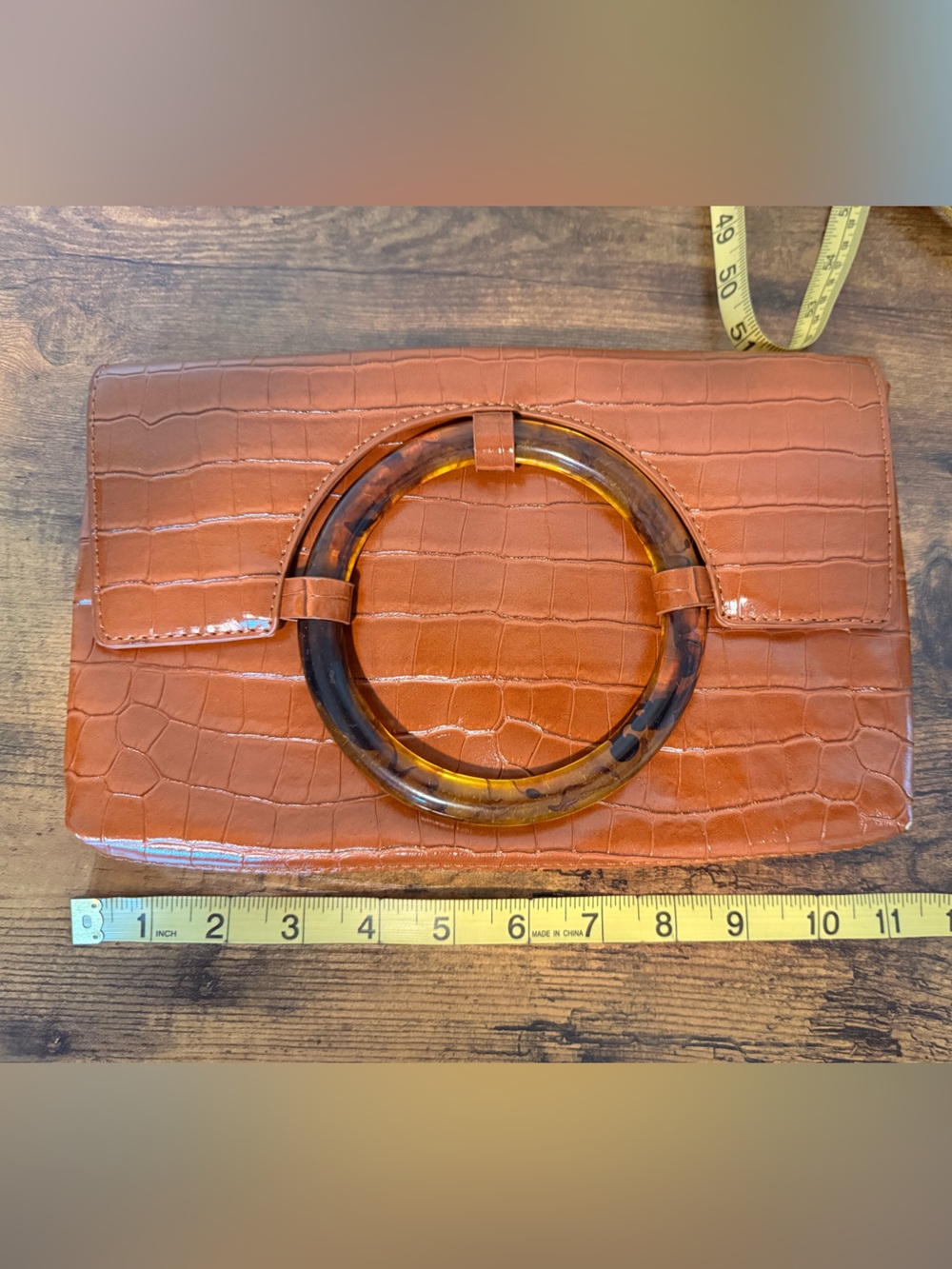 Cognac Croc-Embossed Leather Circle-Handle Clutch